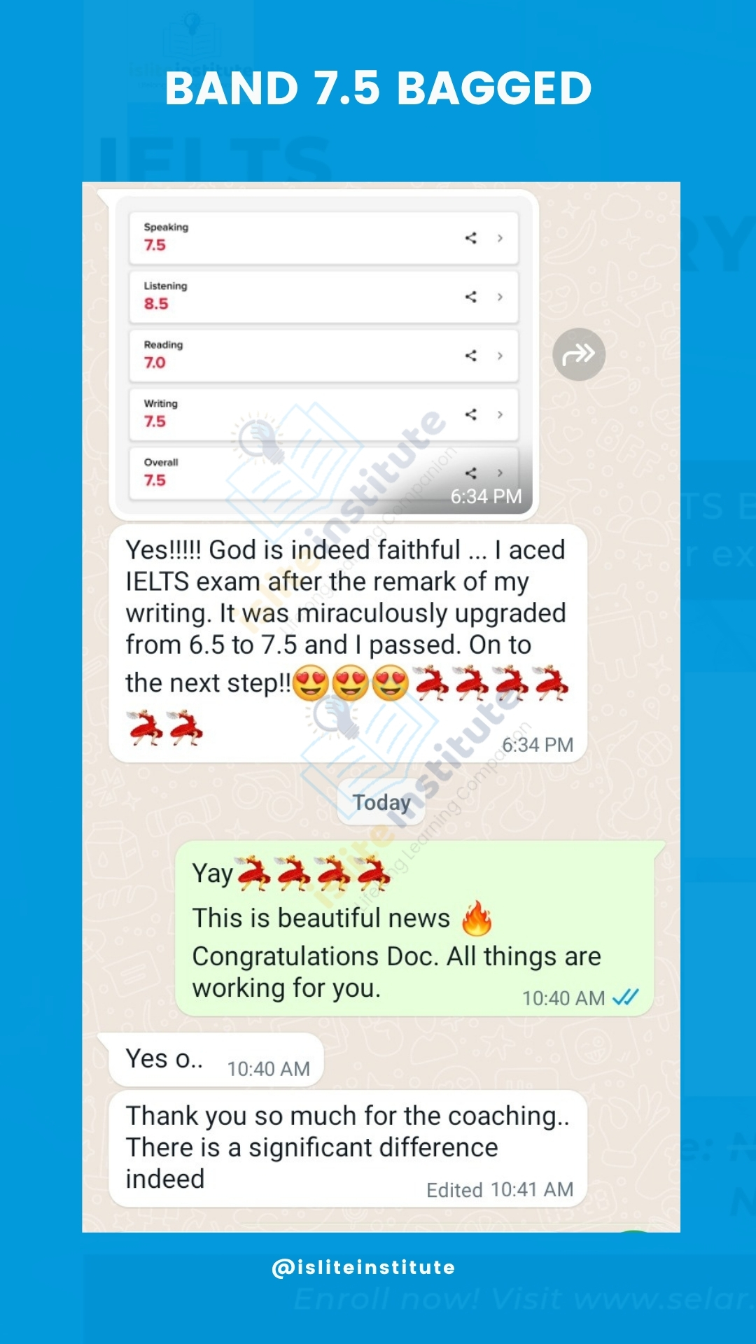 IELTS learner result — Band 7.5 bagged after remark