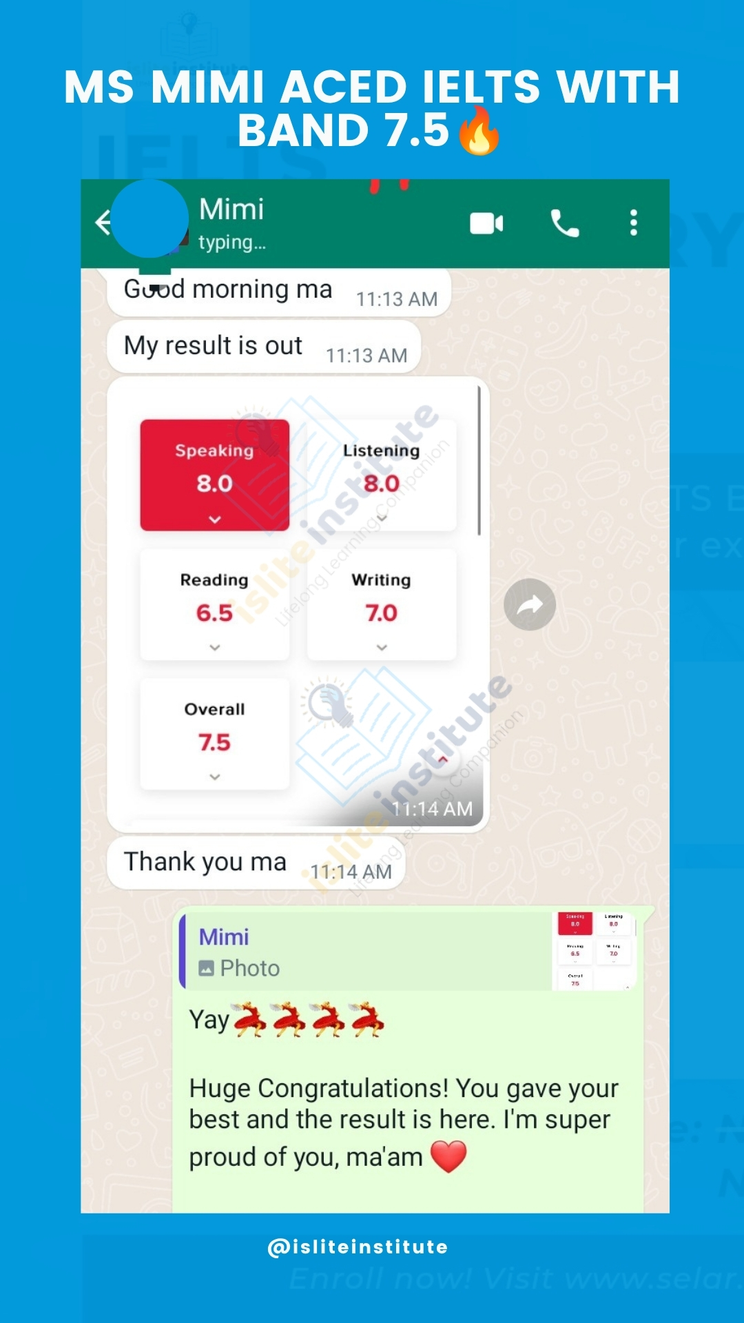IELTS learner result — Ms Mimi aced IELTS