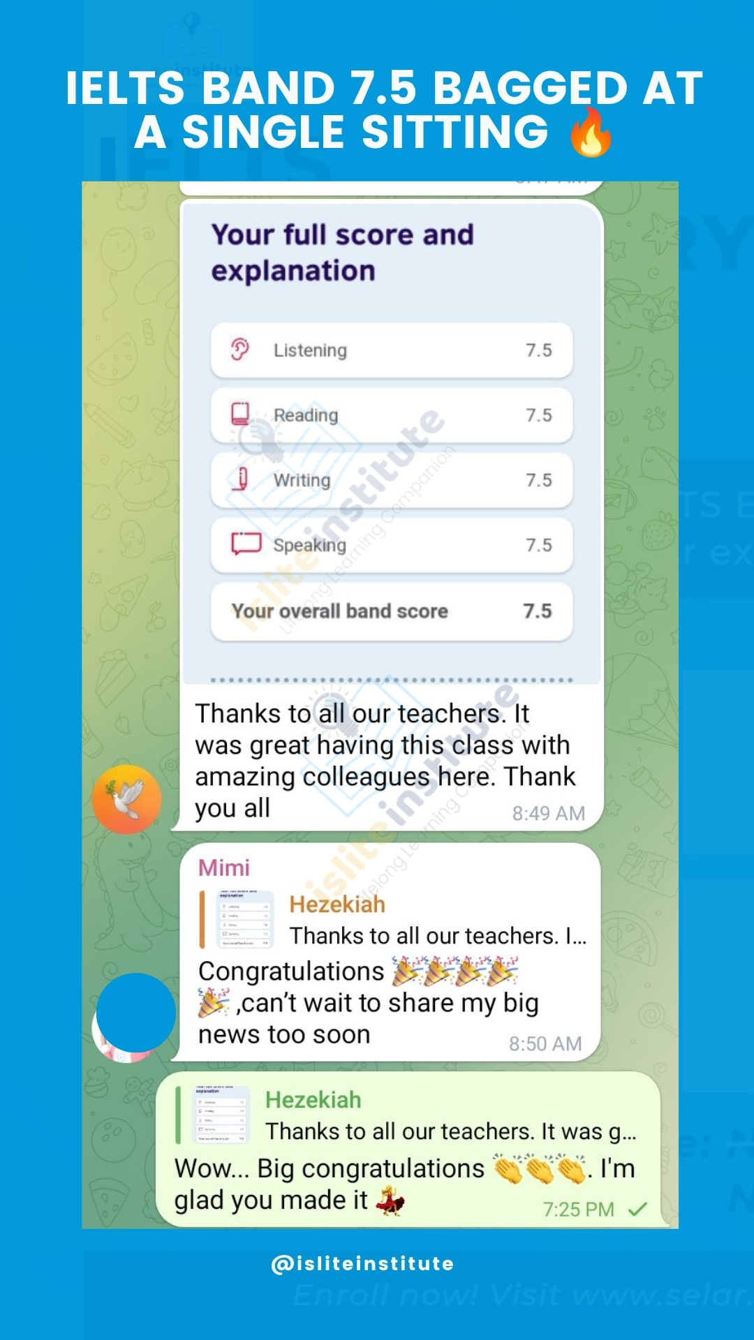 IELTS learner result — Band 7.5 at a single sitting