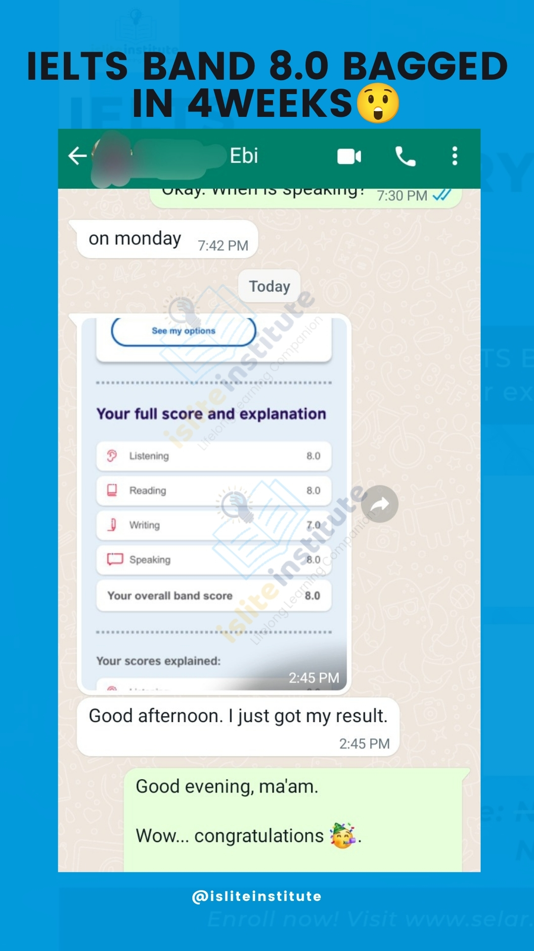 IELTS learner result — Band 8.0 bagged in 4 weeks
